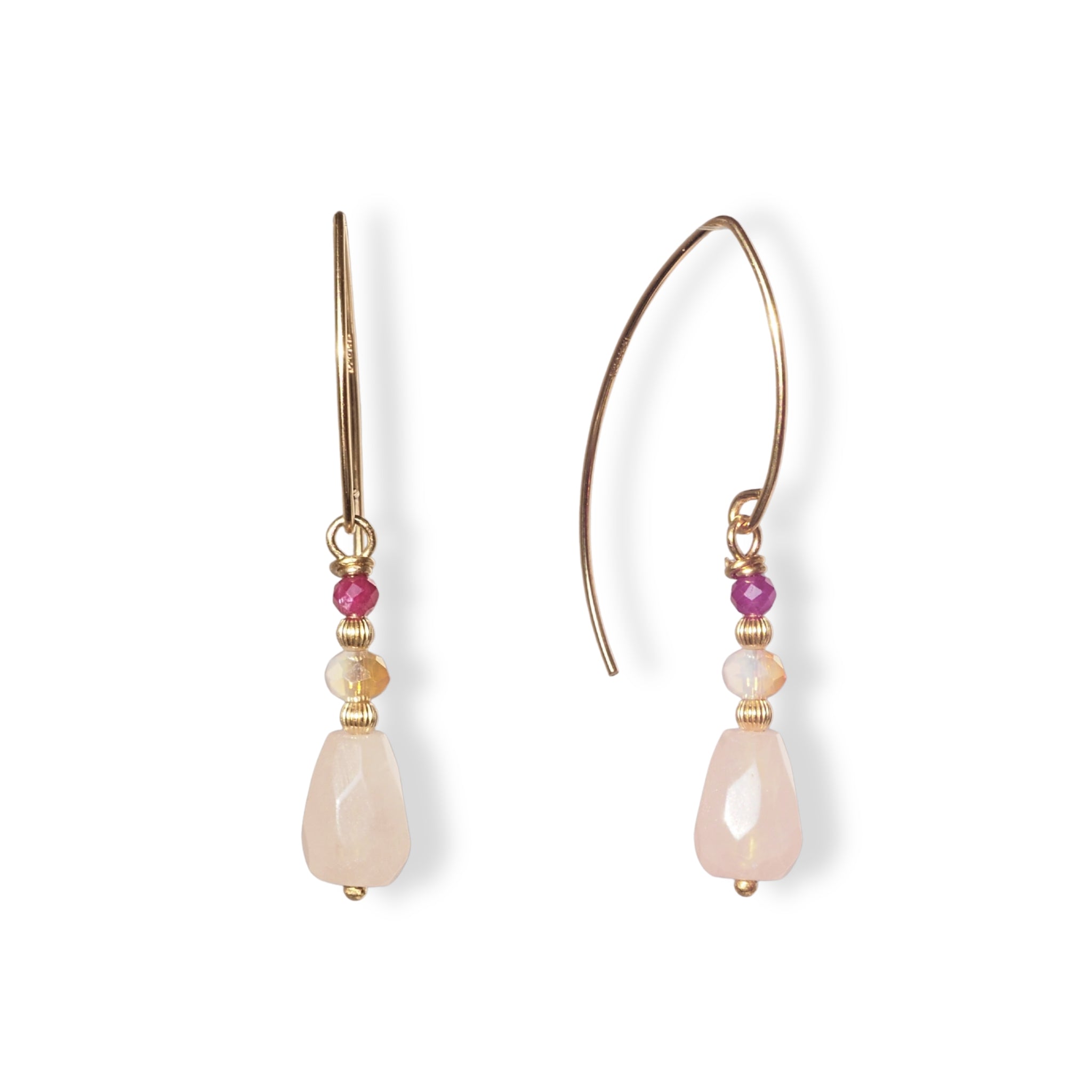 Lange oorbellen met edelsteen rozenkwarts en geboortesteen robijn