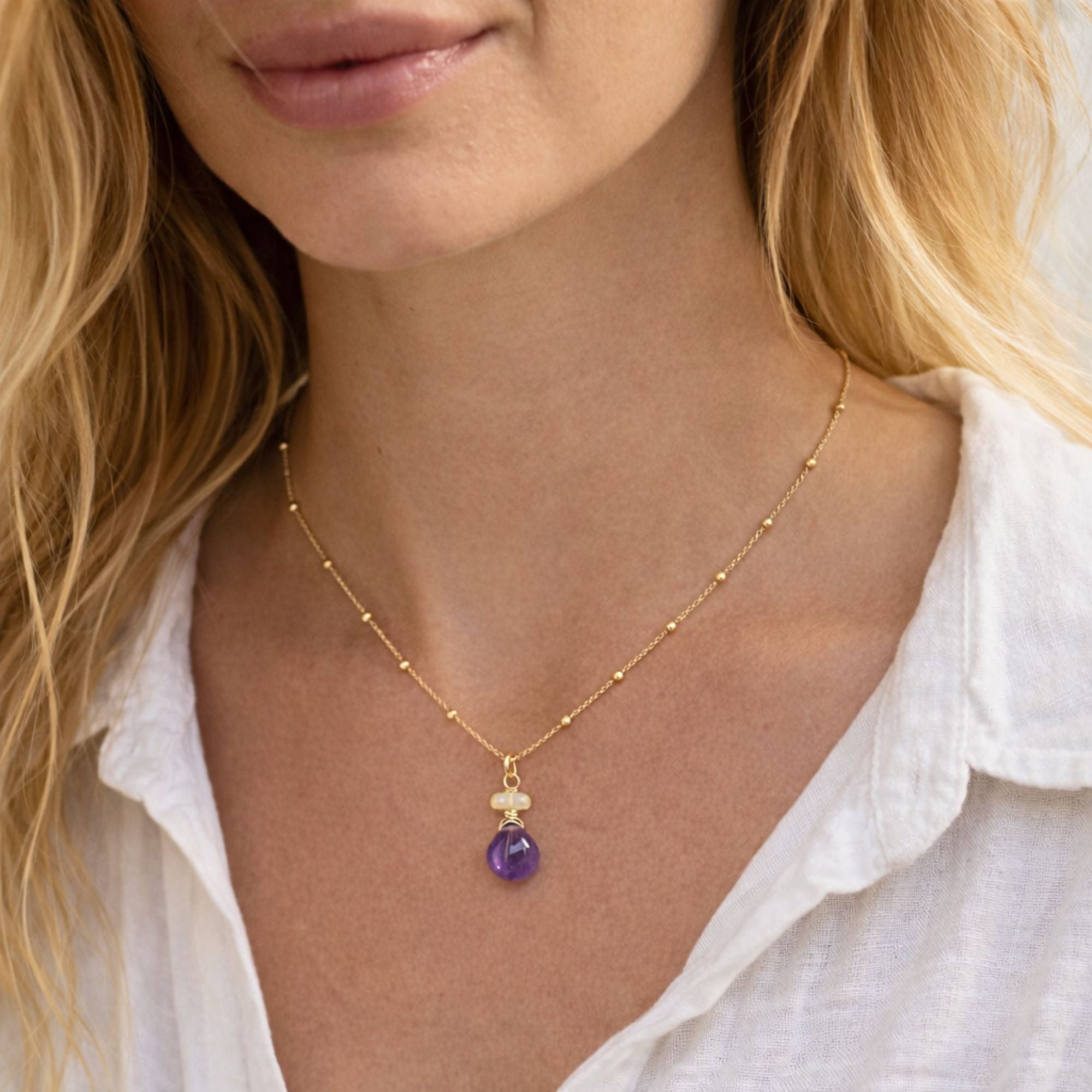 Halsketting amethist druppel en opaal