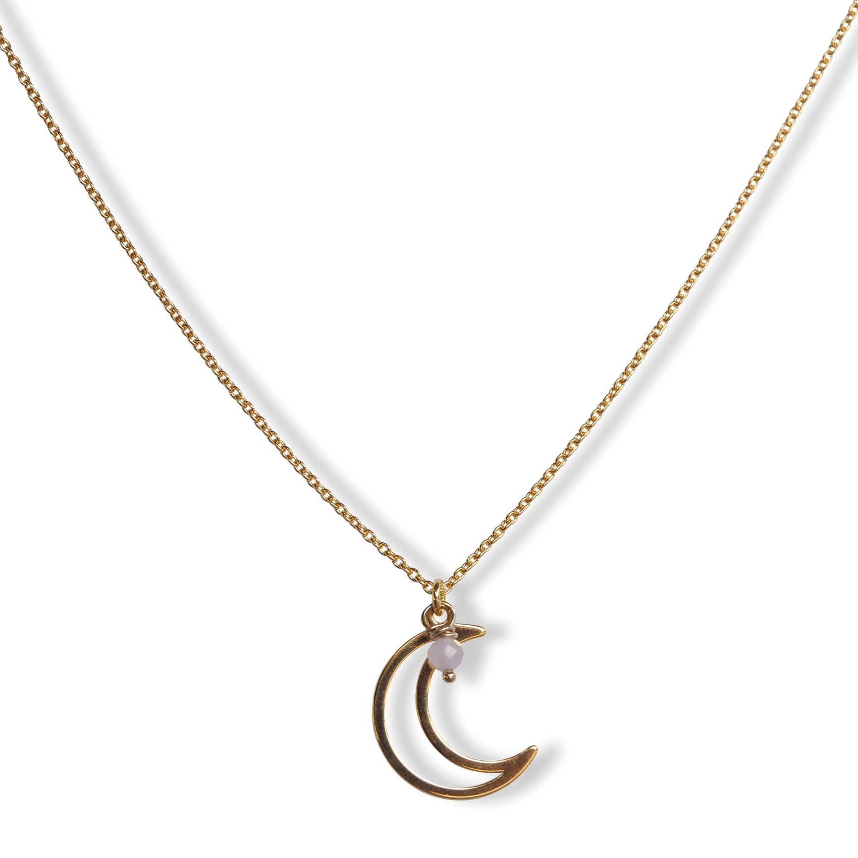 Halsketting met maan bedel en edelsteen rozenkwarts in verguld zilver
