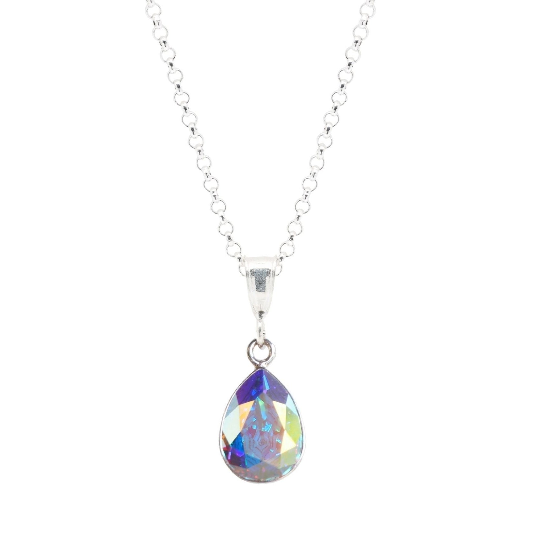 Halsketting zilver met Swarovski druppel in aurorea borealis oftewel het noorderlicht