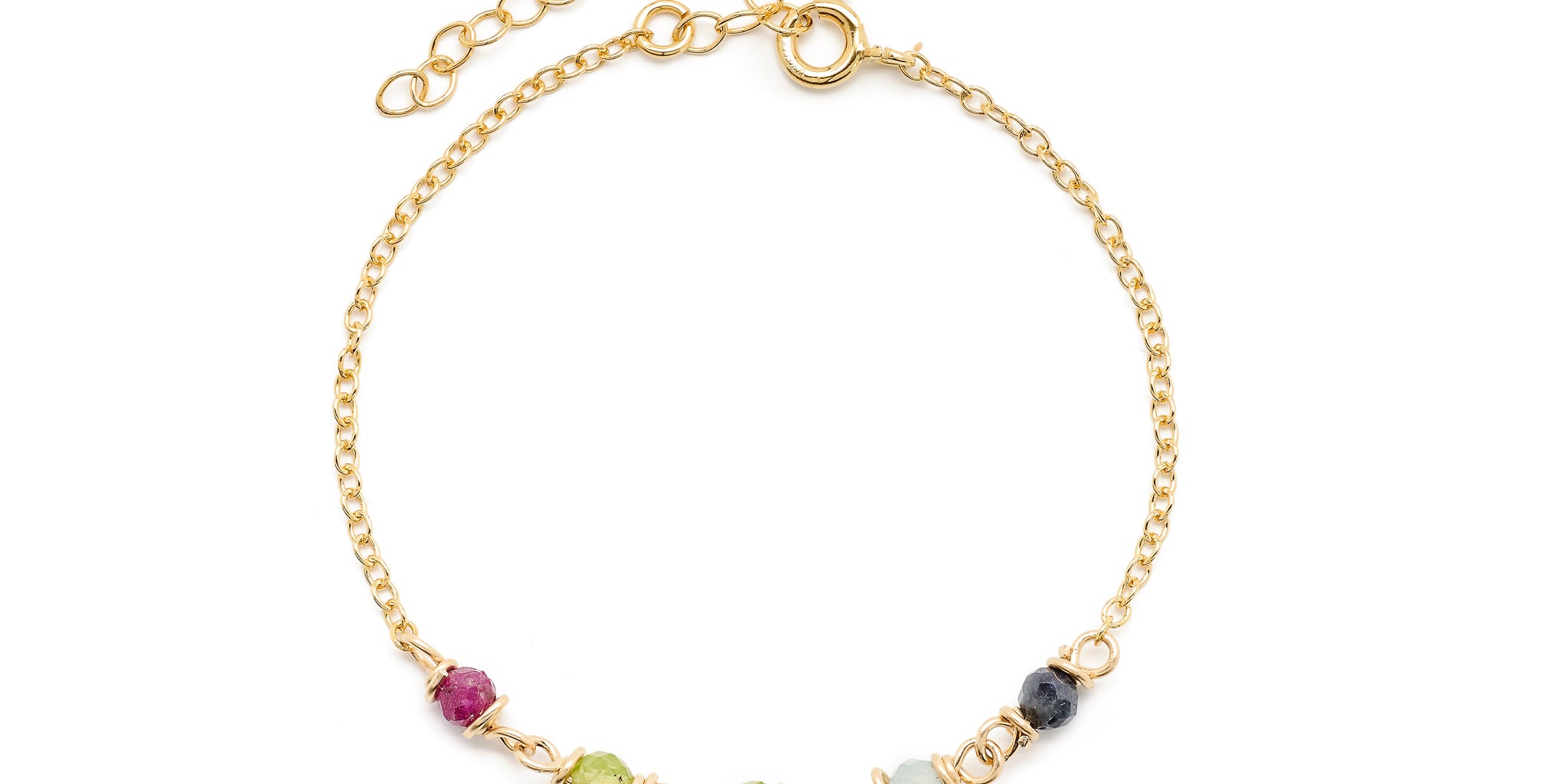 Geboortesteen armband om zelf samen te stellen. Gepersonaliseerde geboortesteenarmband met gouden schakels en edelstenen naar keuze