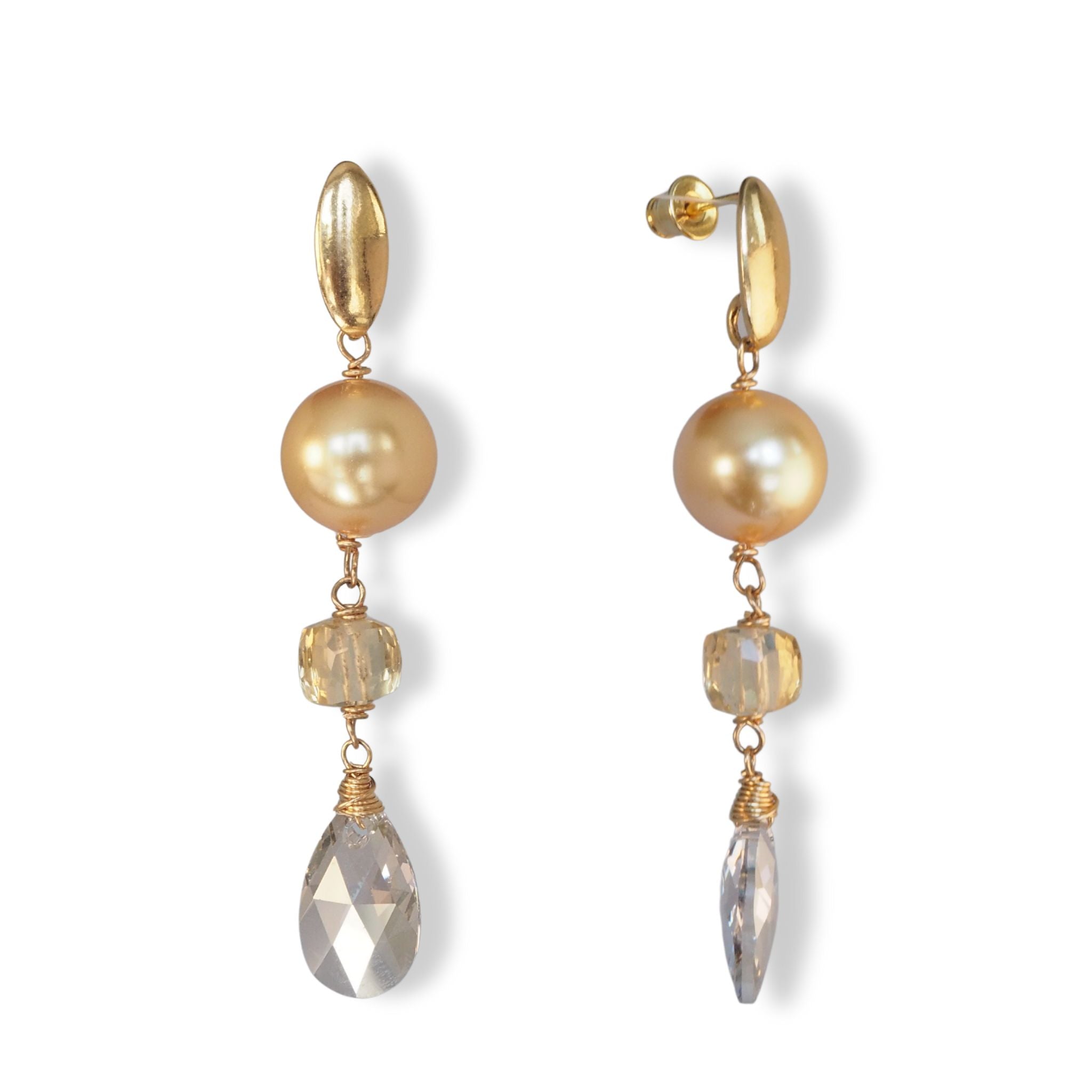 Lange Maxima oorbellen mwt Swarovski en edelsteen citrien in verguld zilver