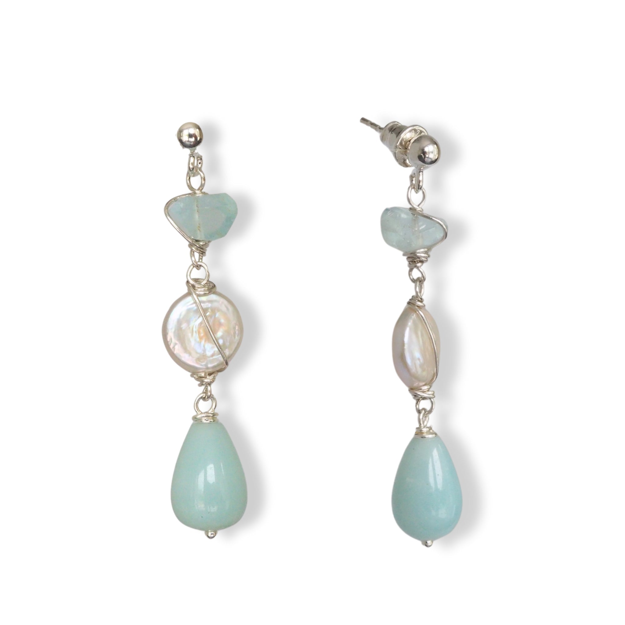 Lange oorbellen met edelsteen mazoniet, aquamarijn, zoetwaterparel in sterling zilver