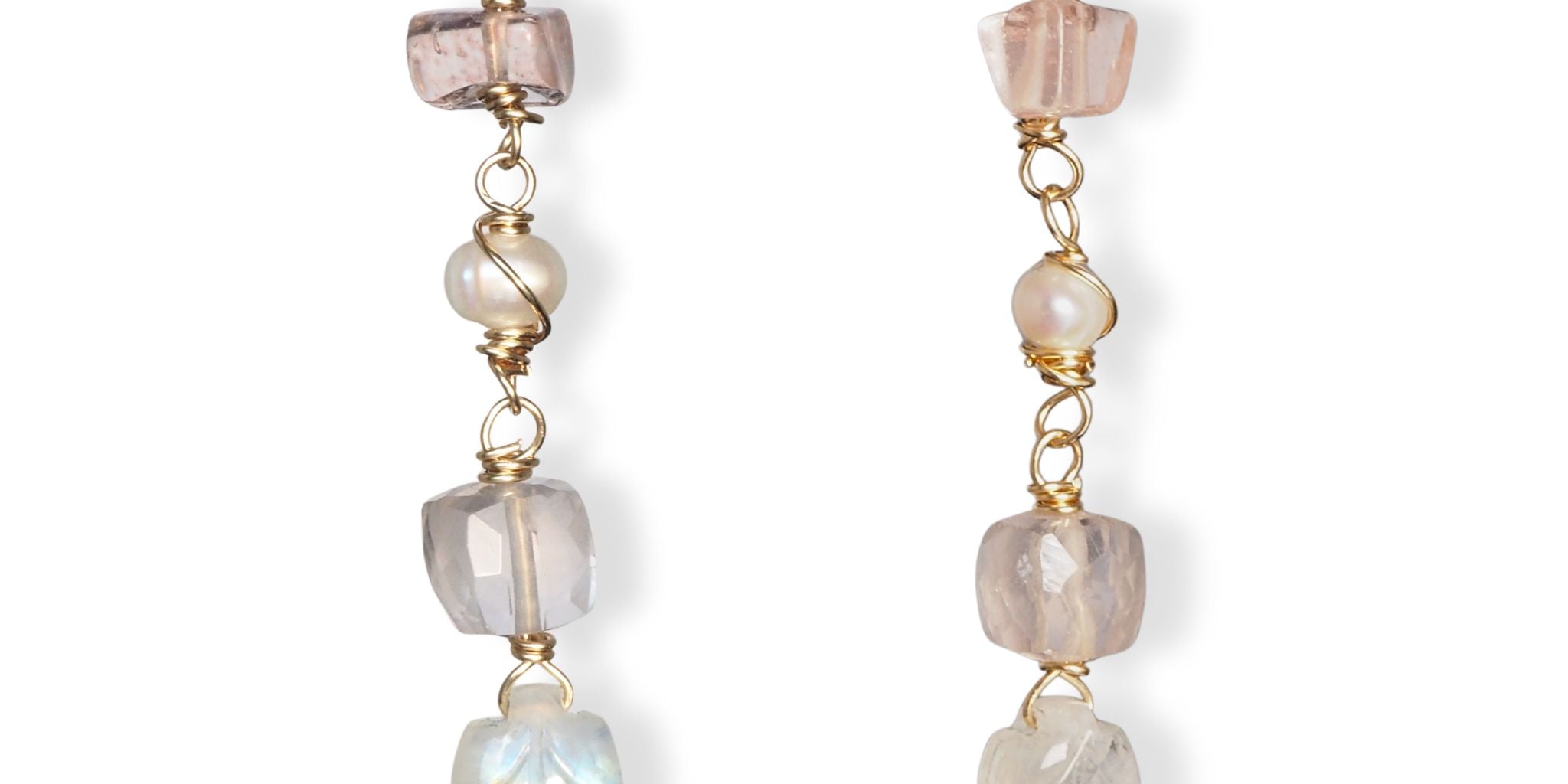 Oorbellen regenboog maansteen, rozenkwarts, zoetwaterparel en aardbeikwarts Oorbellen - Jewels with Flair