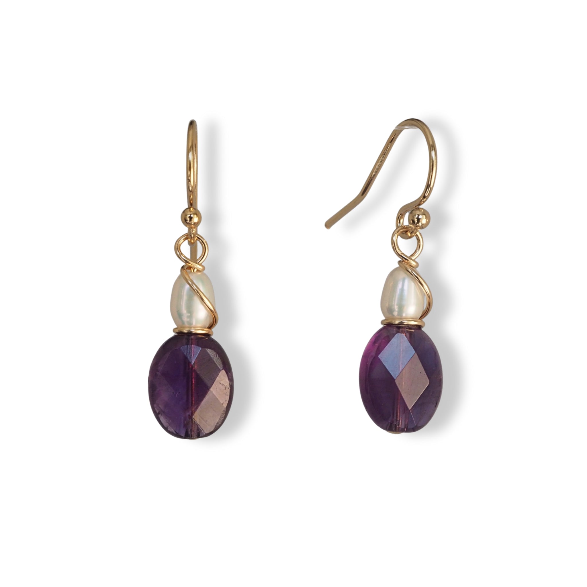 Oorbellen paarse amethist en zoetwaterparel in gold filled