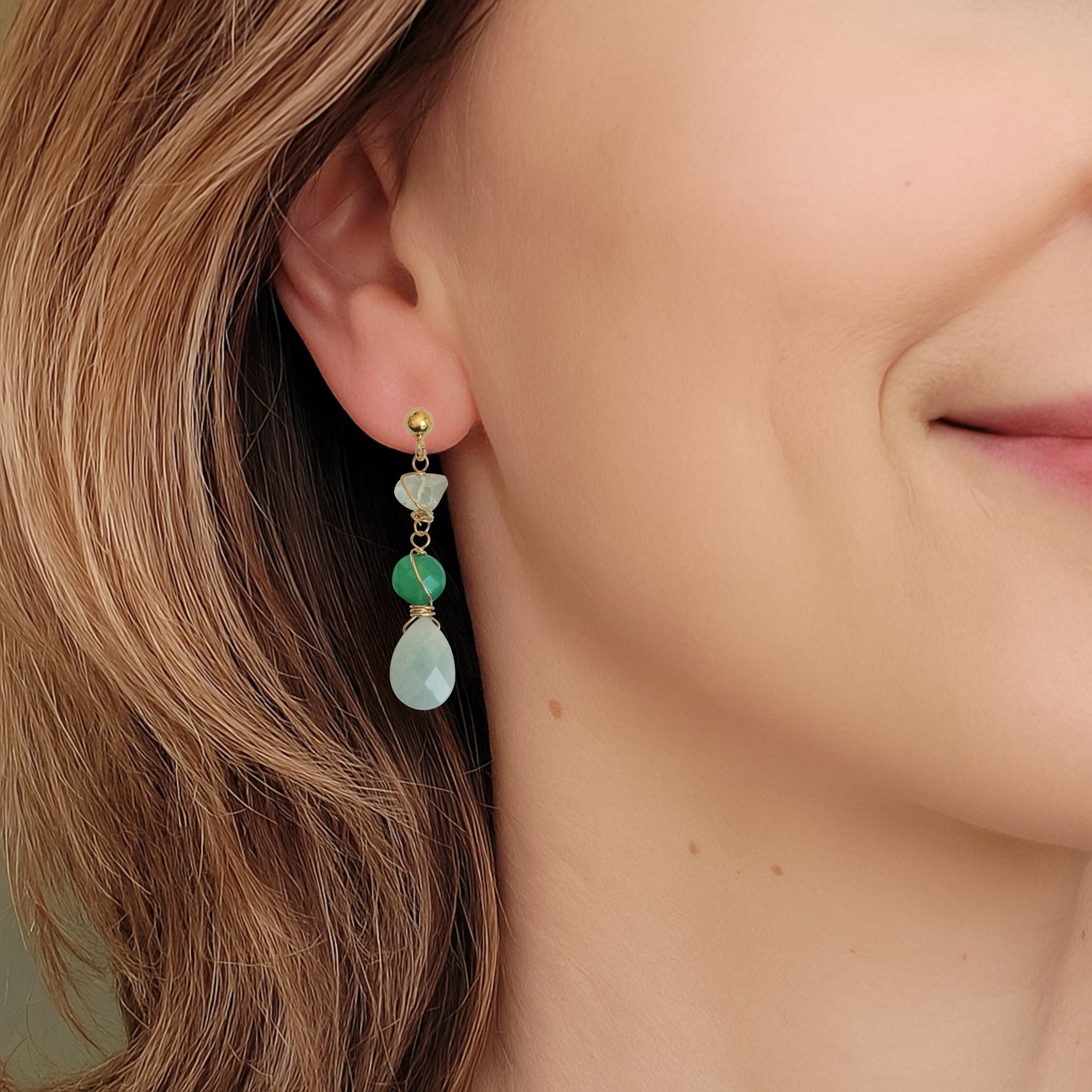 Oorbellen aquamarijn en groene onyx