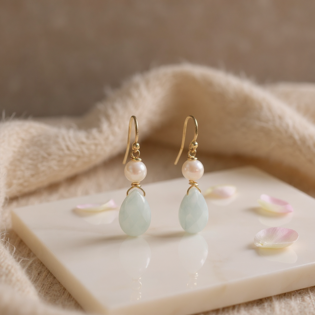 Oorbellen met aquamarijn druppels (geboortesteen maart) en zoetwaterparels in gold filled