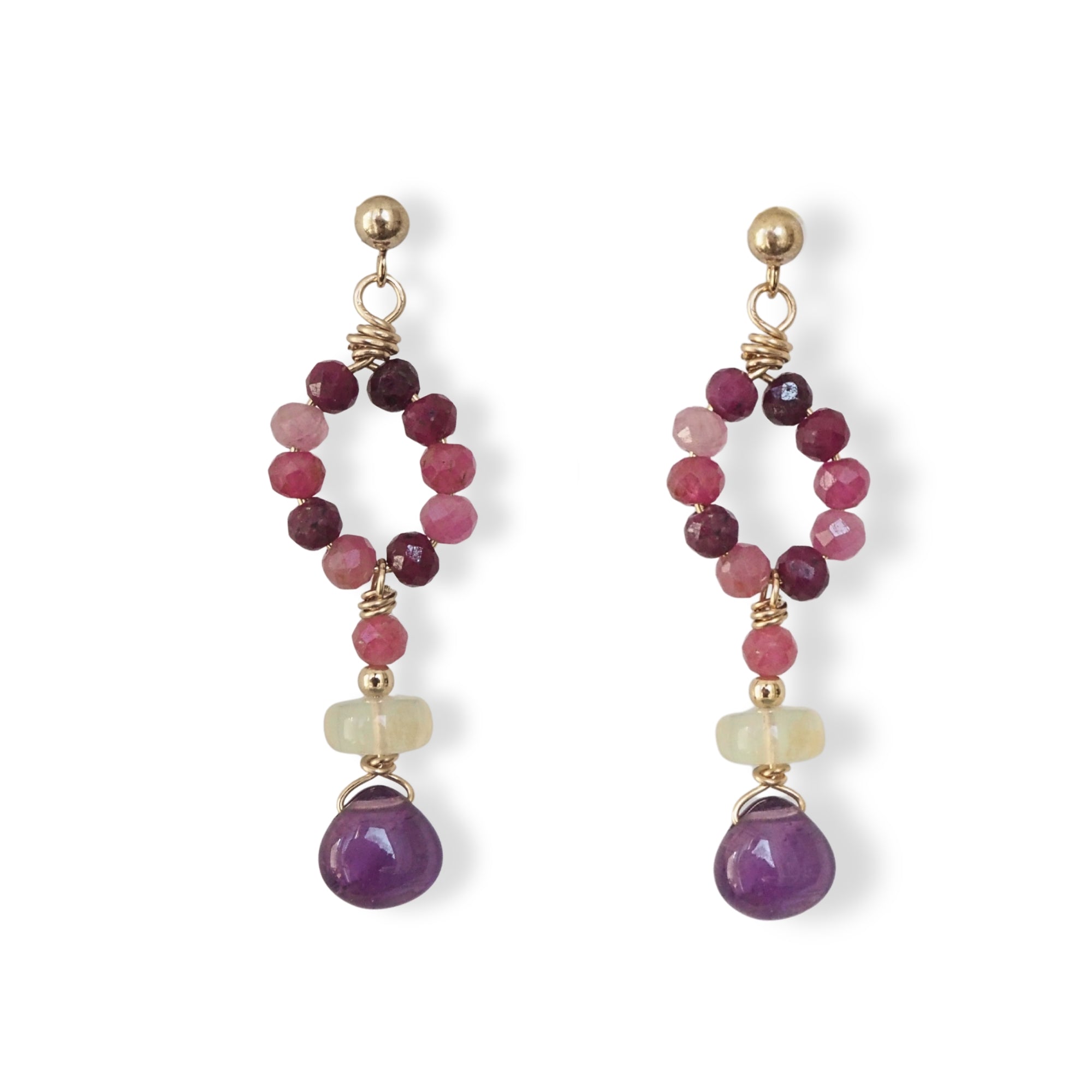 handgemaakte oorbellen robijn, opaal en amethist