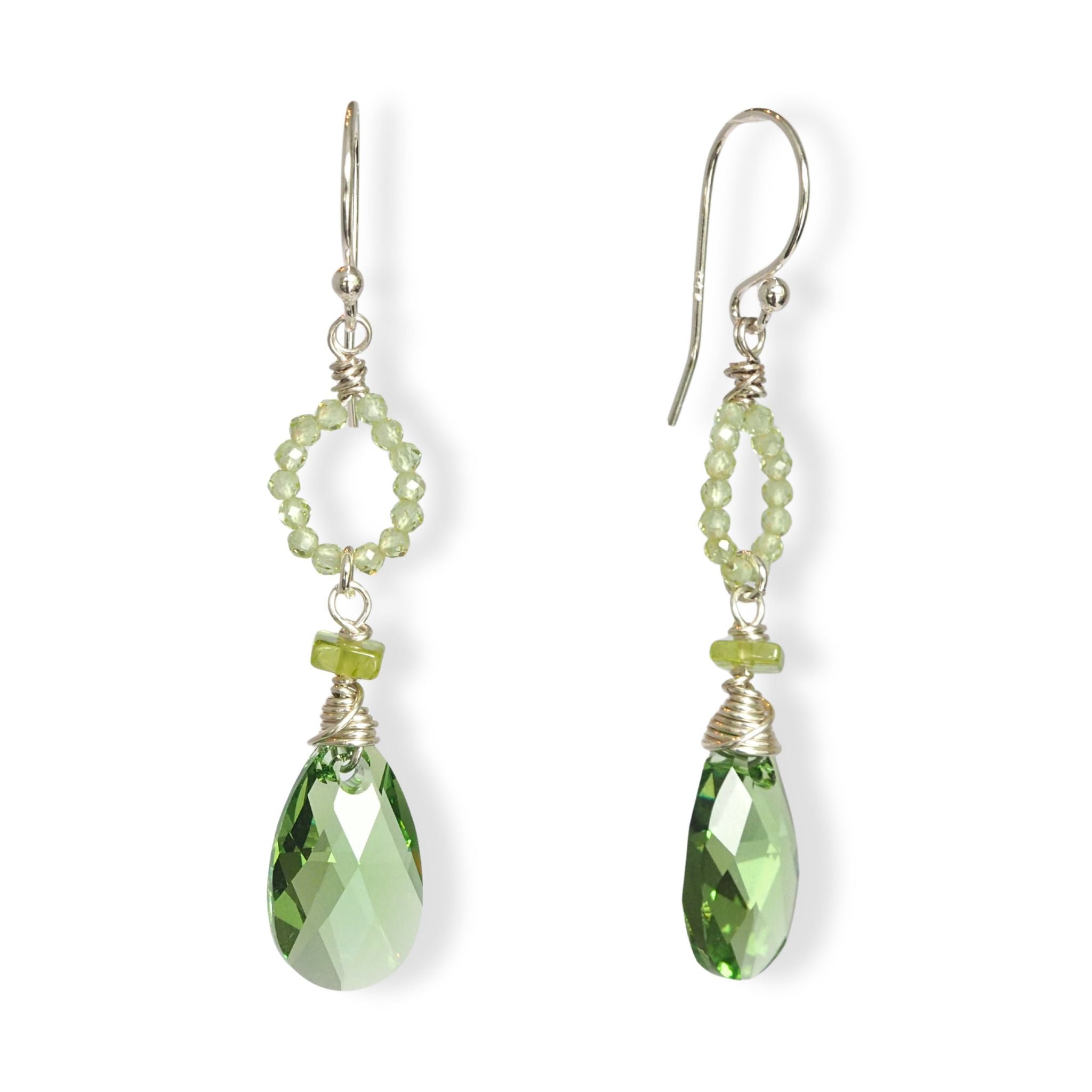 Oorbellen glaskristal druppels en edelsteen peridoot in sterling zilver