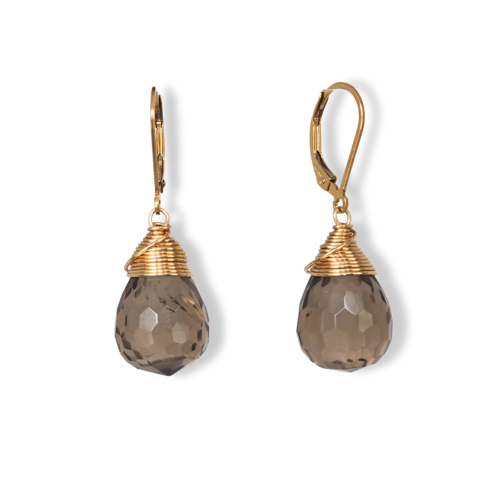 Oorbellen met grote druppels van edelsteen rookkwarts in gold filled