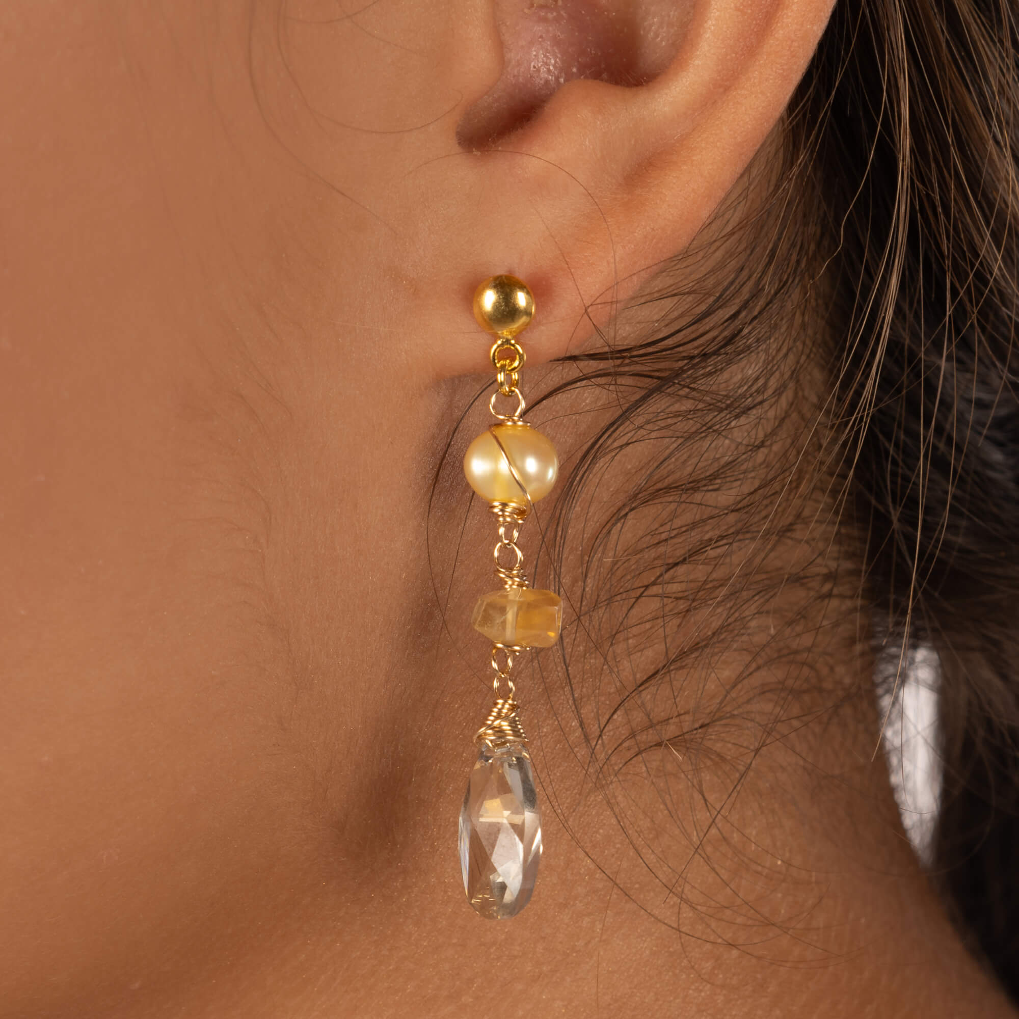 Chique lange oorbellen Citrien, Parels & Swarovski Oorbellen - Jewels with Flair