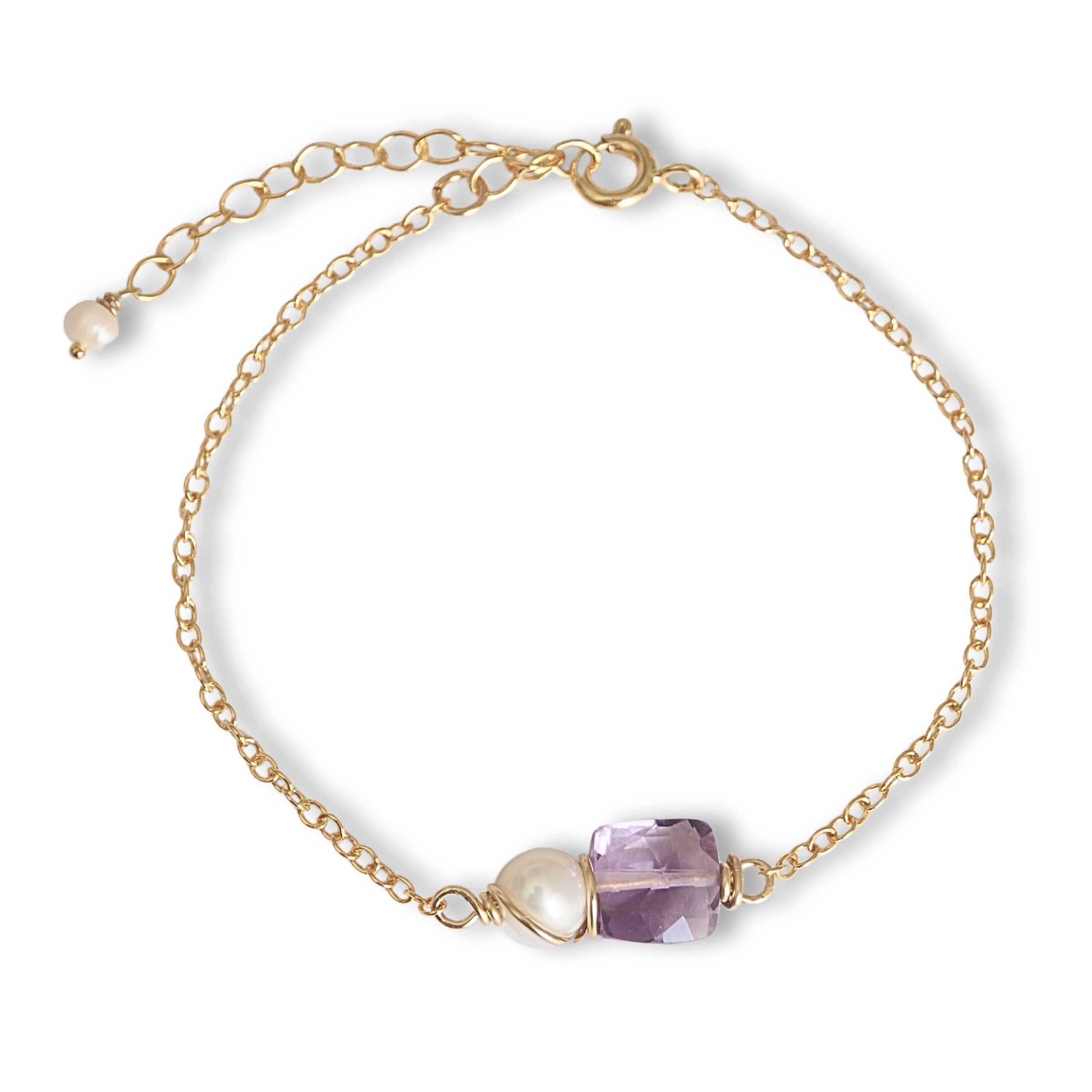 Handgemaakte armband met edelsteen amethist en zoetwaterparel