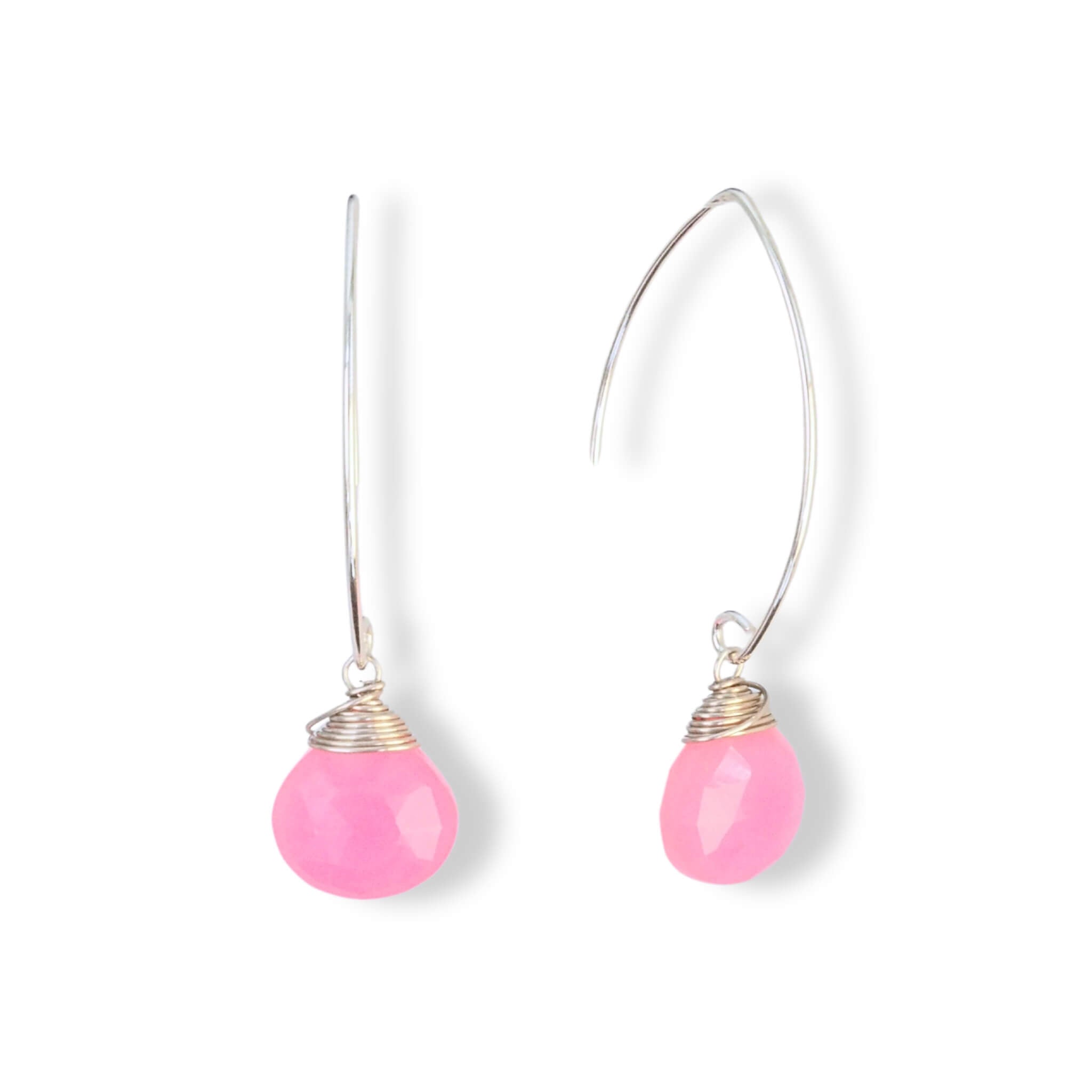 Lange oorbellen chalcedoon druppels neon roze