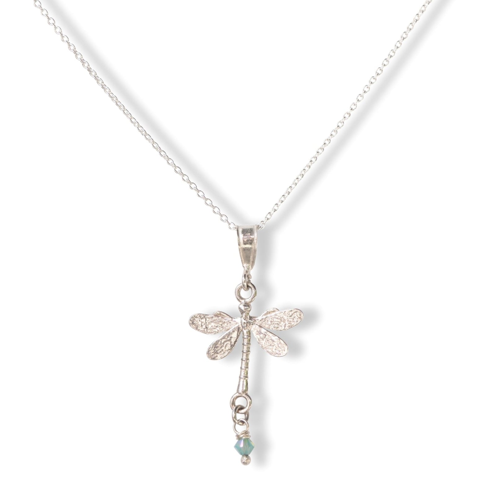 Halsketting met bedel va libel in zilver met Swarovski kraaltje in ocean pacific