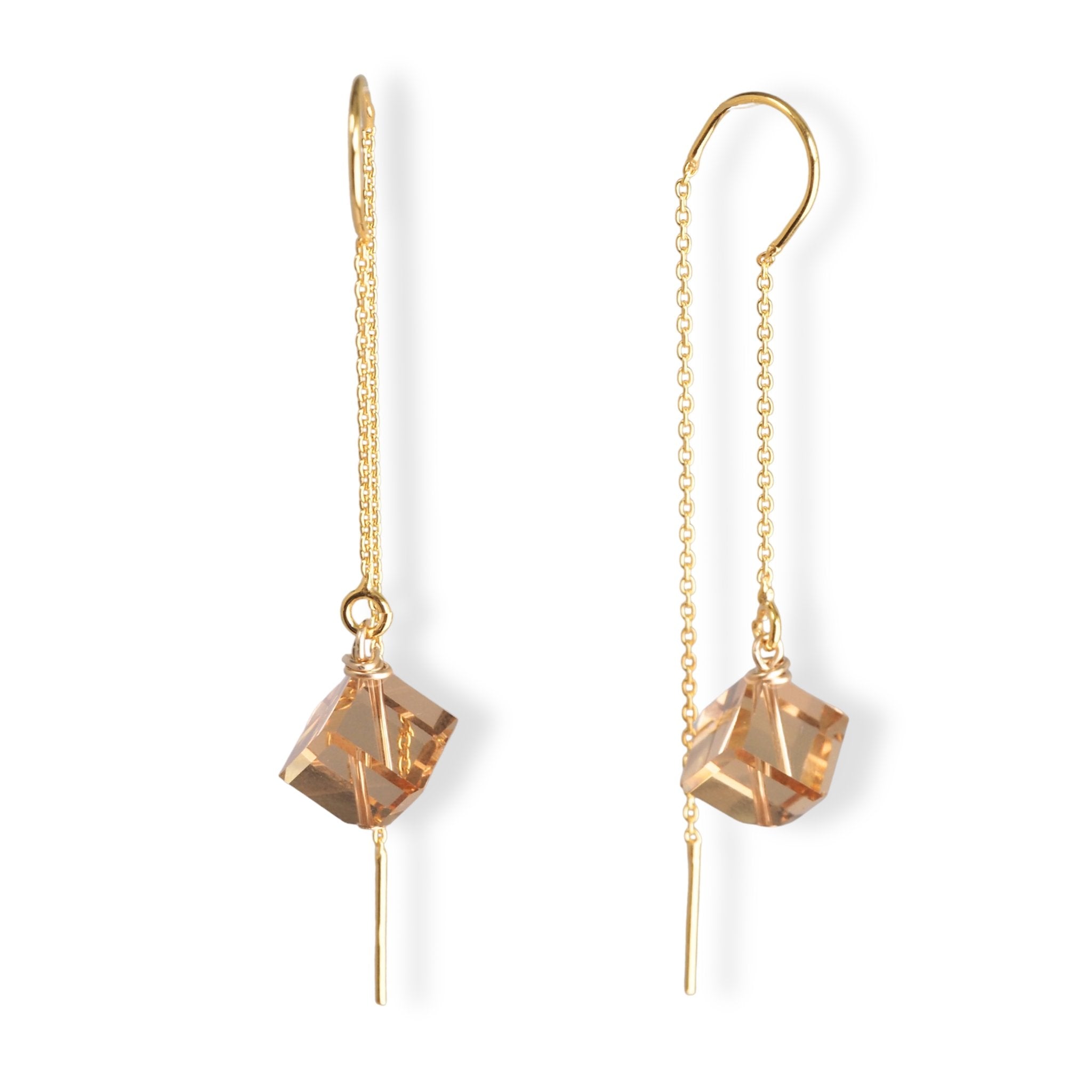 Verguld zilveren threader oorbellen met Swarovski cubes in champagne kleur