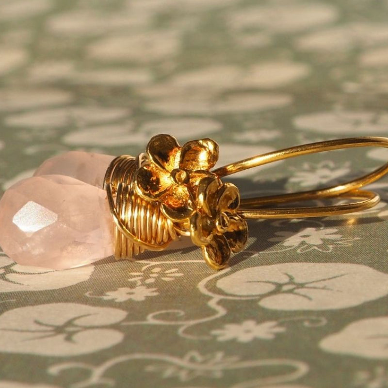 Oorbellen bloemen en edelsteen rozenkwarts - valentijnsdag cadeau