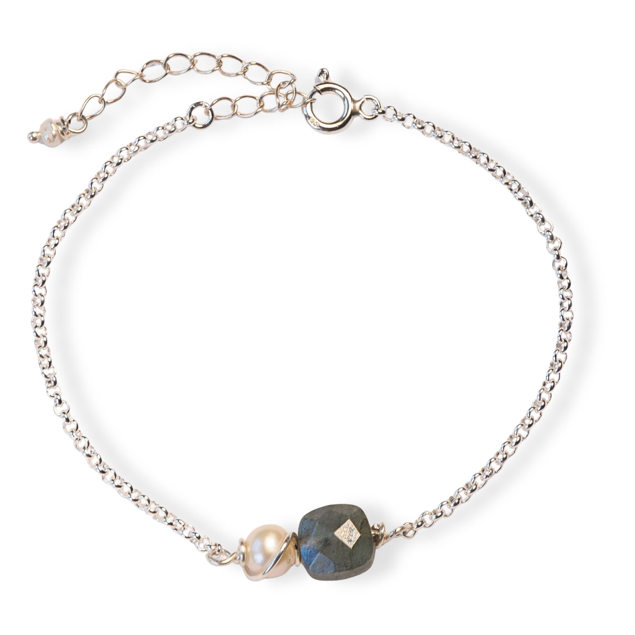 armband labradoriet en zoetwaterparel in sterling zilver