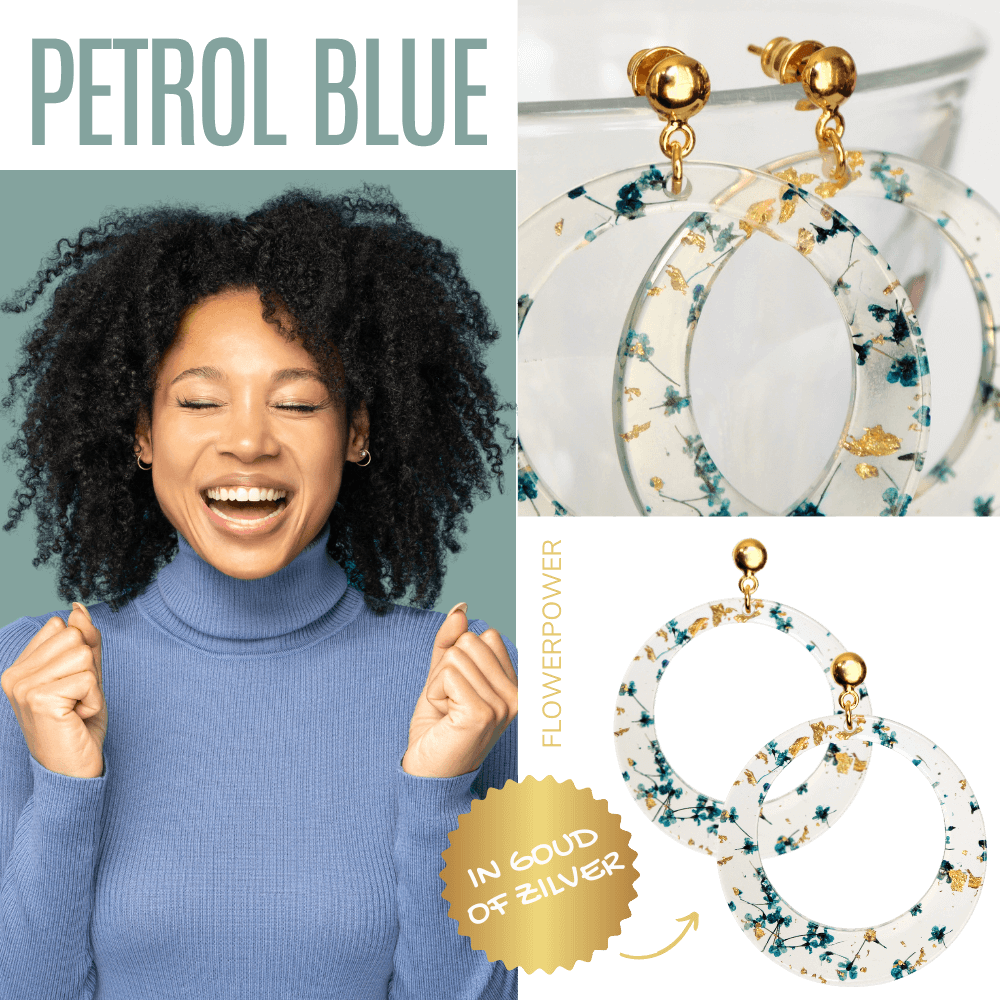 Statement oorbellen bloemen petrol blue in goud of zilver