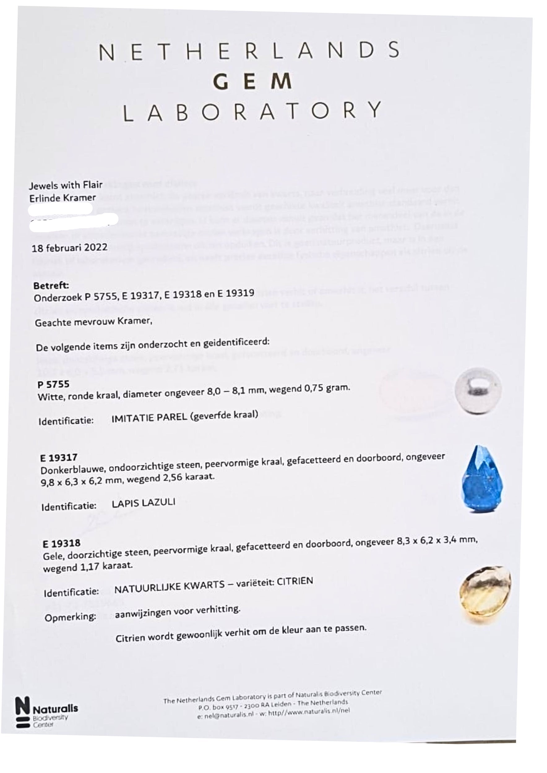 Rapport van Naturalis: geteste stenen van Jewels with Flair