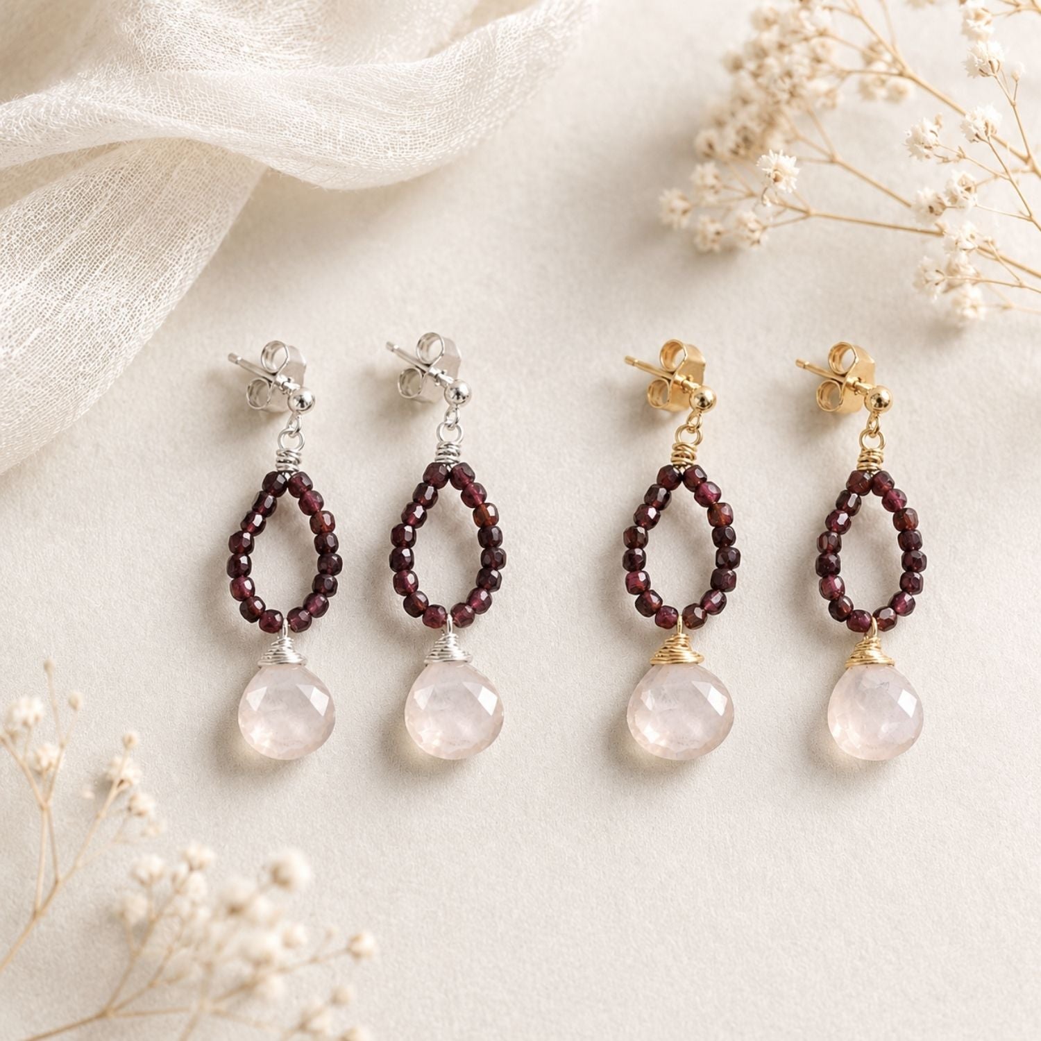 Oorbellen met rozenkwarts en granaat  - Jewels with Flair