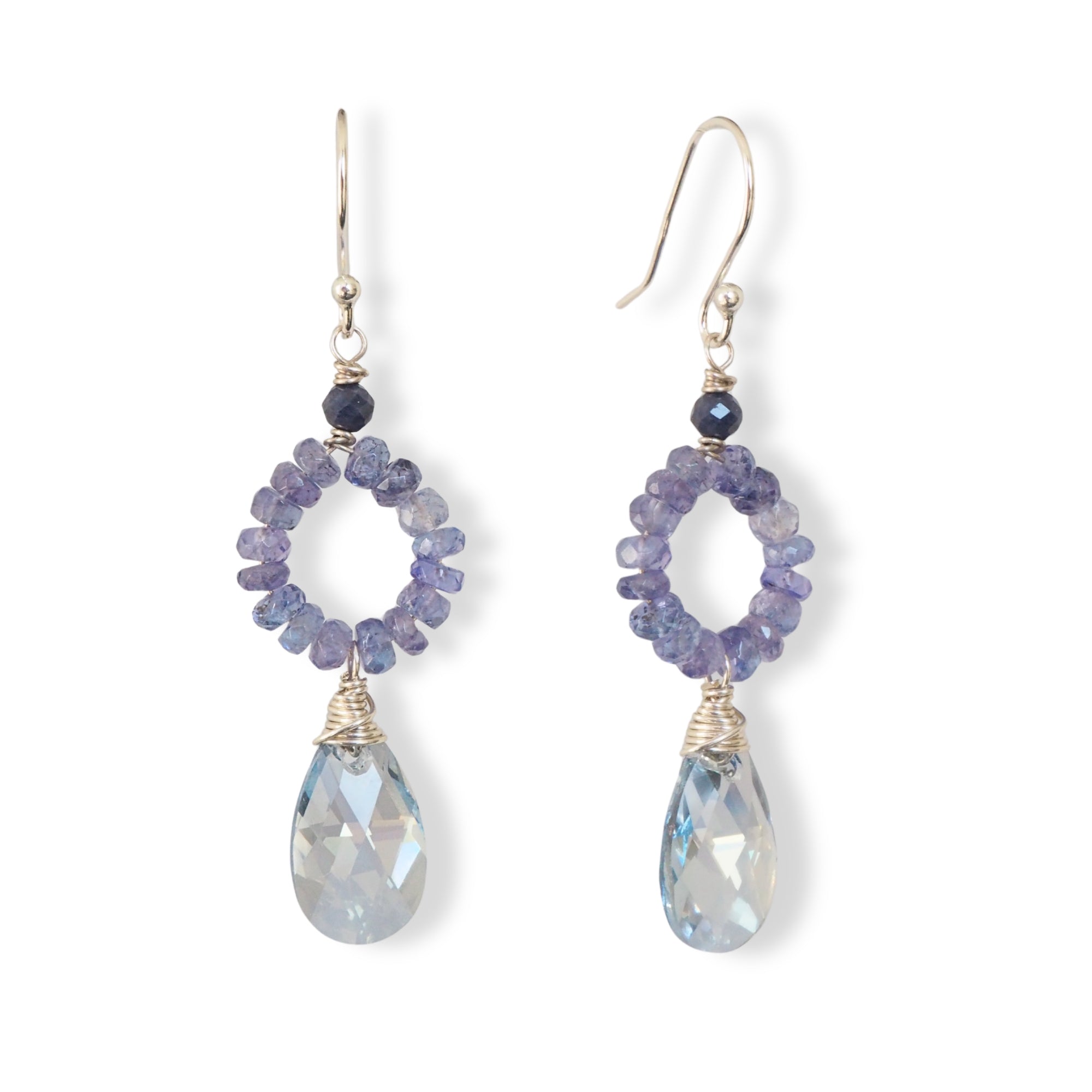 Oorbellen met swarovski druppel, edelsteen tanzaniet en lapis lazuli