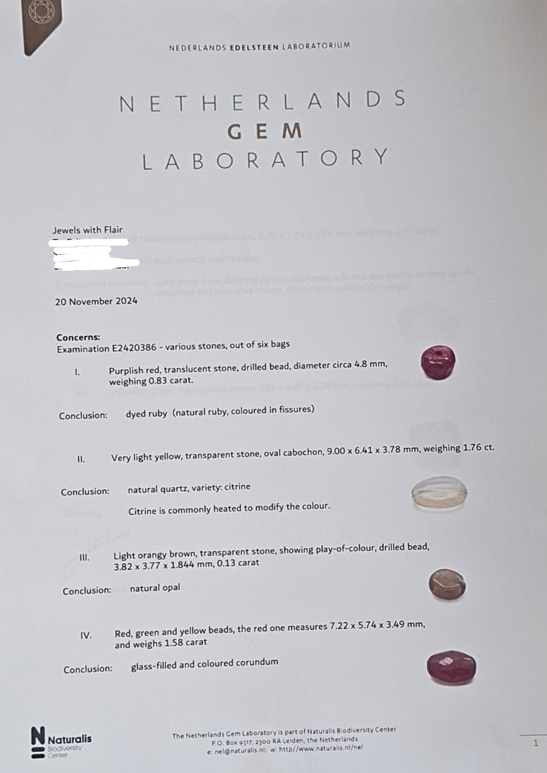 Geteste edelstenen van Jewels with Flair. Onderzocht in Naturalis door Hanco Zwaan. 